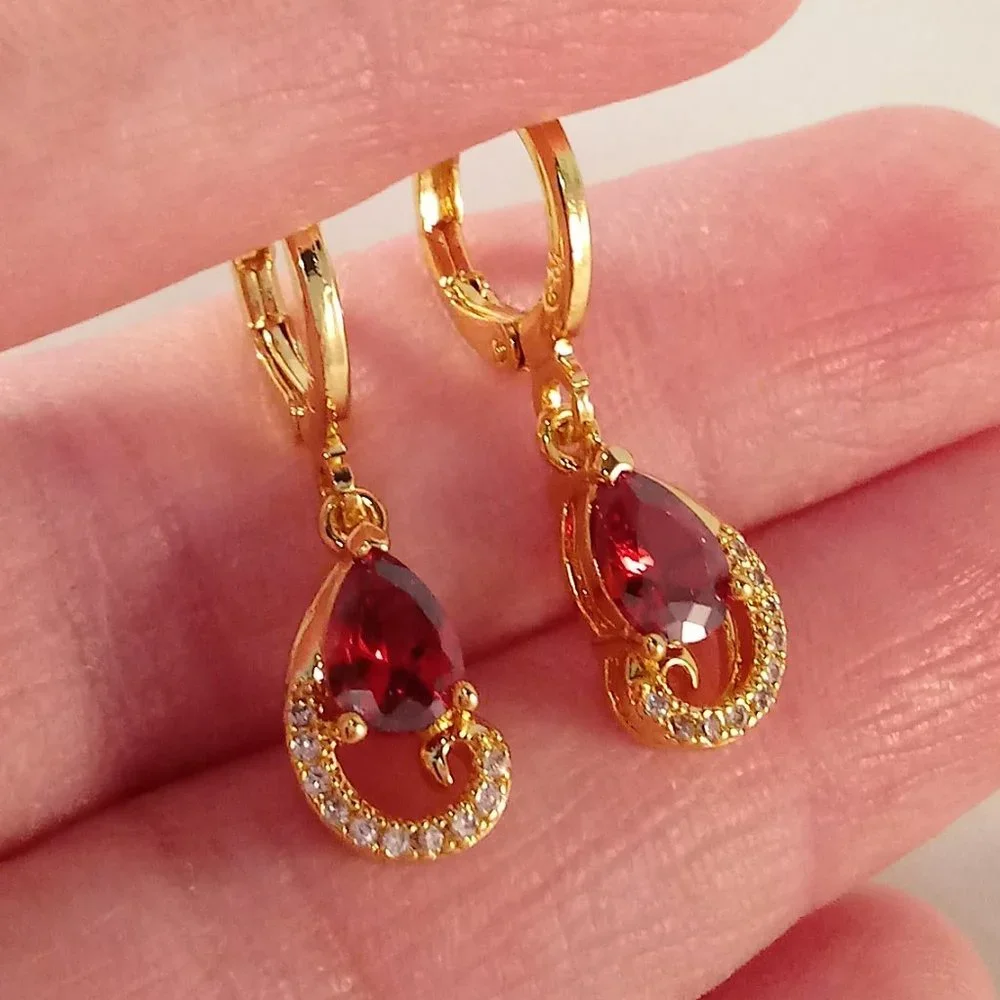 18K Yellow Gold Filled Garnet Red Diamond Zircon Swirl Dangle Earrings 1.25ctw